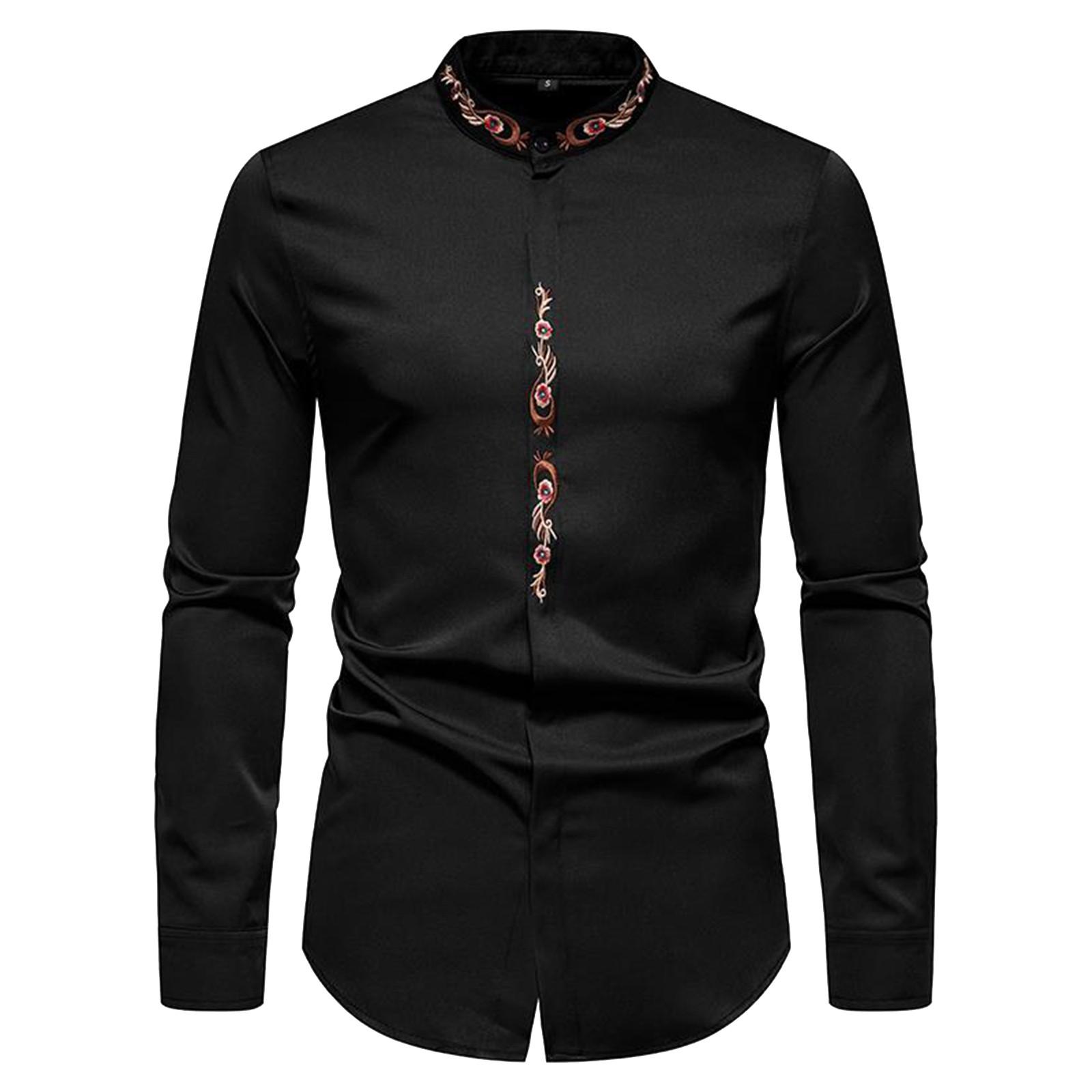 Fashion New European And American Fashion Flower Gilding Print Men s Long Sleeve Shirt L чёрный