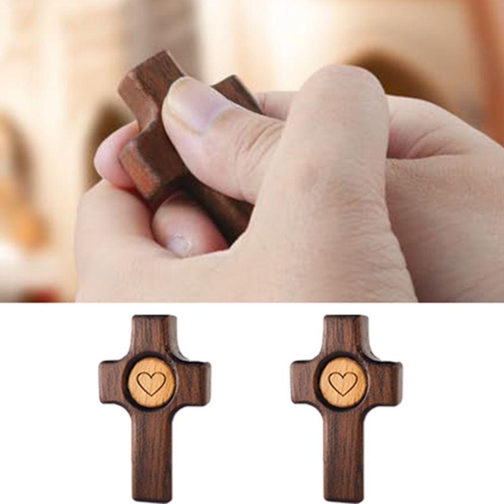 2 Piece Heart Pattern Easter Pocket Cross Black Walnut Cross Ornament Gift