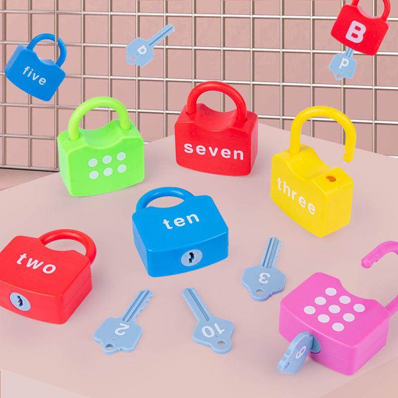 10Pcs Kids Alphabet Lock Key Toy Set Car Locks Montessori Educational Number Matching Homeschool Math Toys Baby Word Cognition
