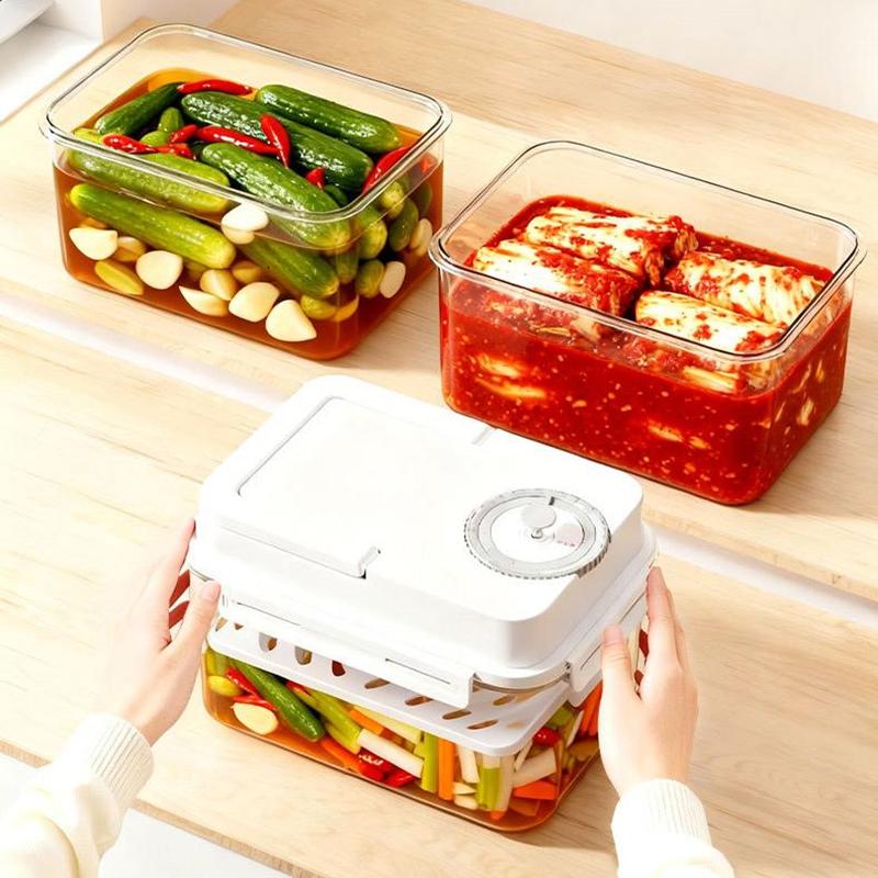 4L Plastic Pickle Jar With Press Plate Leakproof Kitchen Organizer Bin For Gherkin Sauerkraut Olive And Kimchi Storage Container