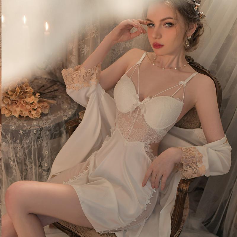 Suspender nightgown women's summer pure desire wind with chest pad nightgown two-piece set sexy women's spring and autumn lace bride
