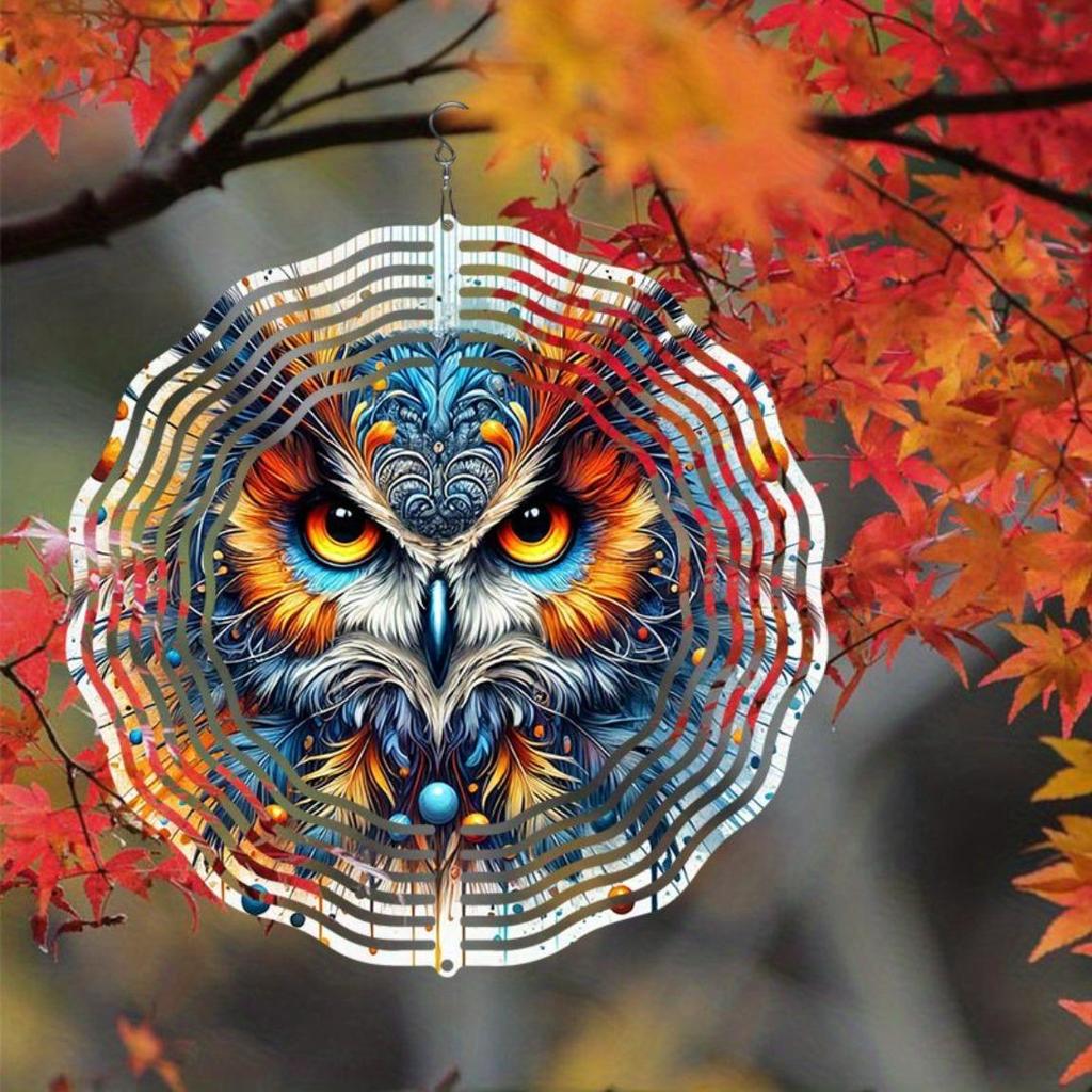 Hand Painted 2D Owl Wind Chime Metal Outdoor Hanging Decor for Garden Patio Balcony Weather Resistant Vibrant Colors Intricate Feather Design