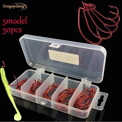 50pcs/lot Wide Belly Crank Hooks Rig Fishing Worm Bait Fishing Hook Ocean Fishing Tackle with Box