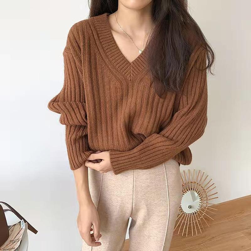 

Ретро пуловер для женщин Ранняя осень Новый дизайн Нишевый V-образный вязаный свитер 3XL темно-коричневого