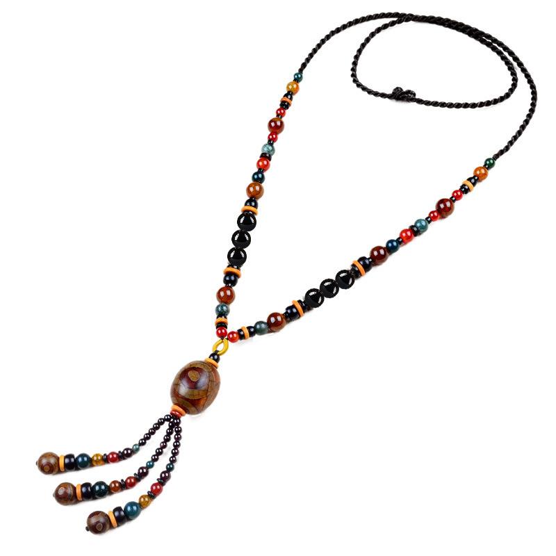 GEMCHIC Women's Ethnic Style Three-Eyed Dzi Bead Long Necklace Handmade Agate Pendant Sweater Chain Vintage Bohemian Jewelry