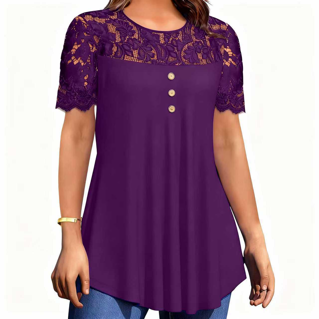 

2025 Spring/Summer Women s Lace Short Sleeve Solid Color Round Neck T-Shirt 2XL Plus фиолетовый