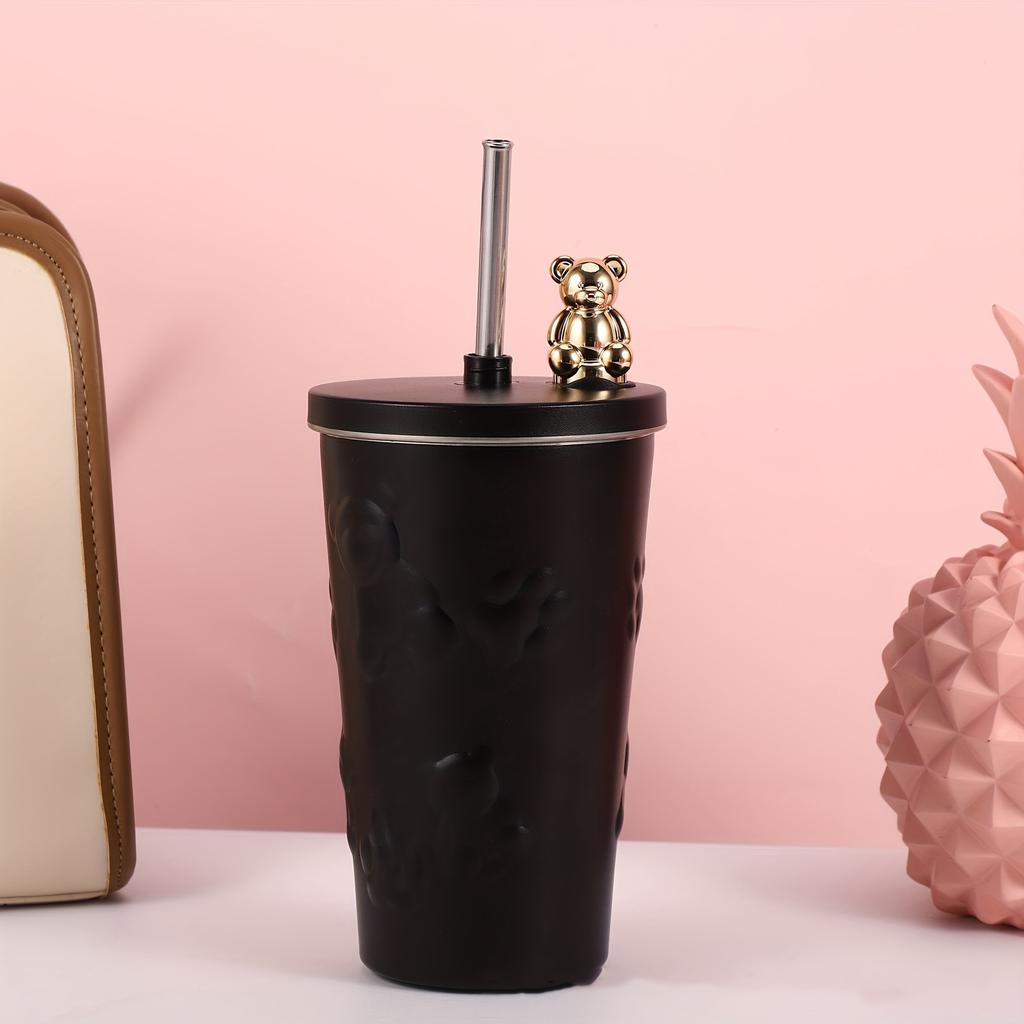 Stainless Steel Coffee Cup Ice Cartoon Galvanized Bear Insulation Car Straw Cup Vacuum Large Capacity Water Bottle Thermos Cup