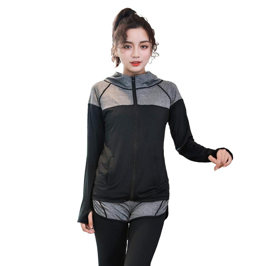 Teddy Women's 5-Piece Fitness Swimsuit Set: Long Sleeve Rash Guard, Rash Leggings, Shorts, and Sports Bra (Gray, Size 2XL, hys1323)