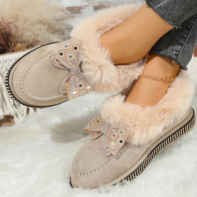 Fashion Bowknot Crystal Detor Snow Boot Women Winter Slip On Furry Snow Boots for Woman Round Toe Short Plush Warm Booties Laides