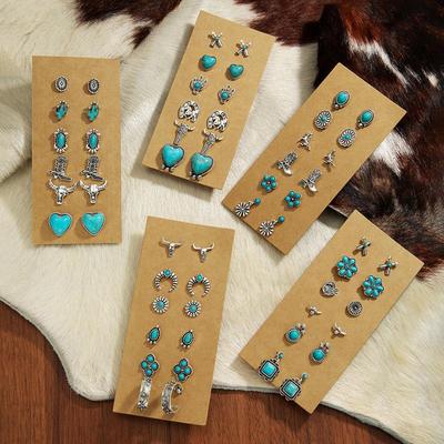 Retro Ethnic Turquoise Flower Cowboy Hat & Cactus Earrings Set – Ideal for Commuting