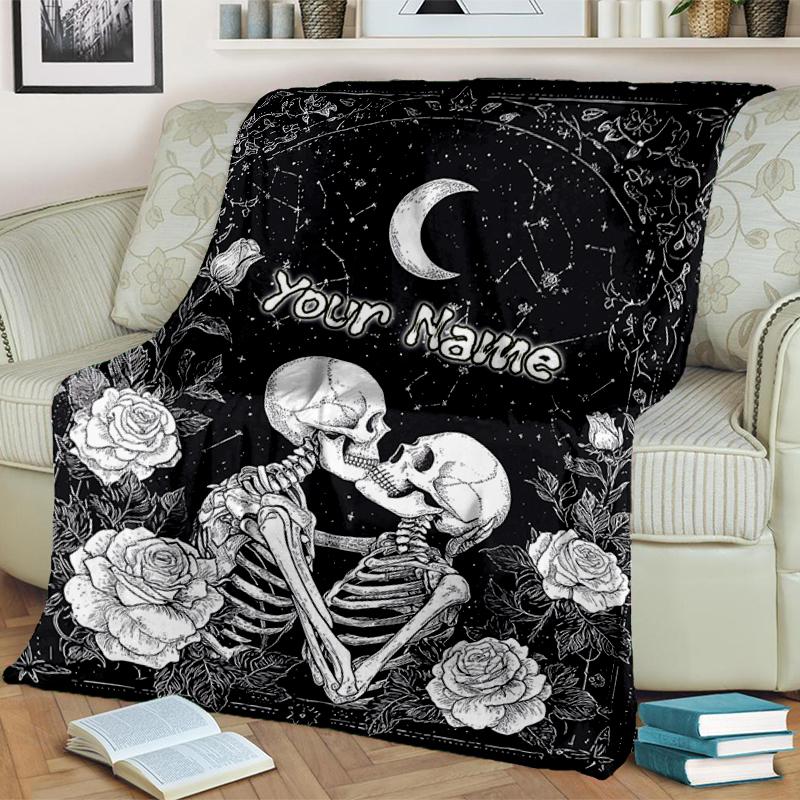 1PC Custom Name Eternal Love Skeletons Flannel blankets Patterns Throw Blanket All-Season Soft Gift for Couch, Bed, Camping gifts