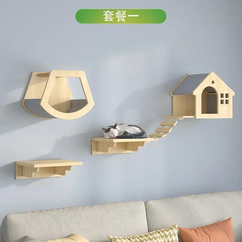 Wooden Cat House Elevated Bed for Cats Wall Mounted Kitten Villa Climbing Shelf for Pets Floating Shelves for Sleeping