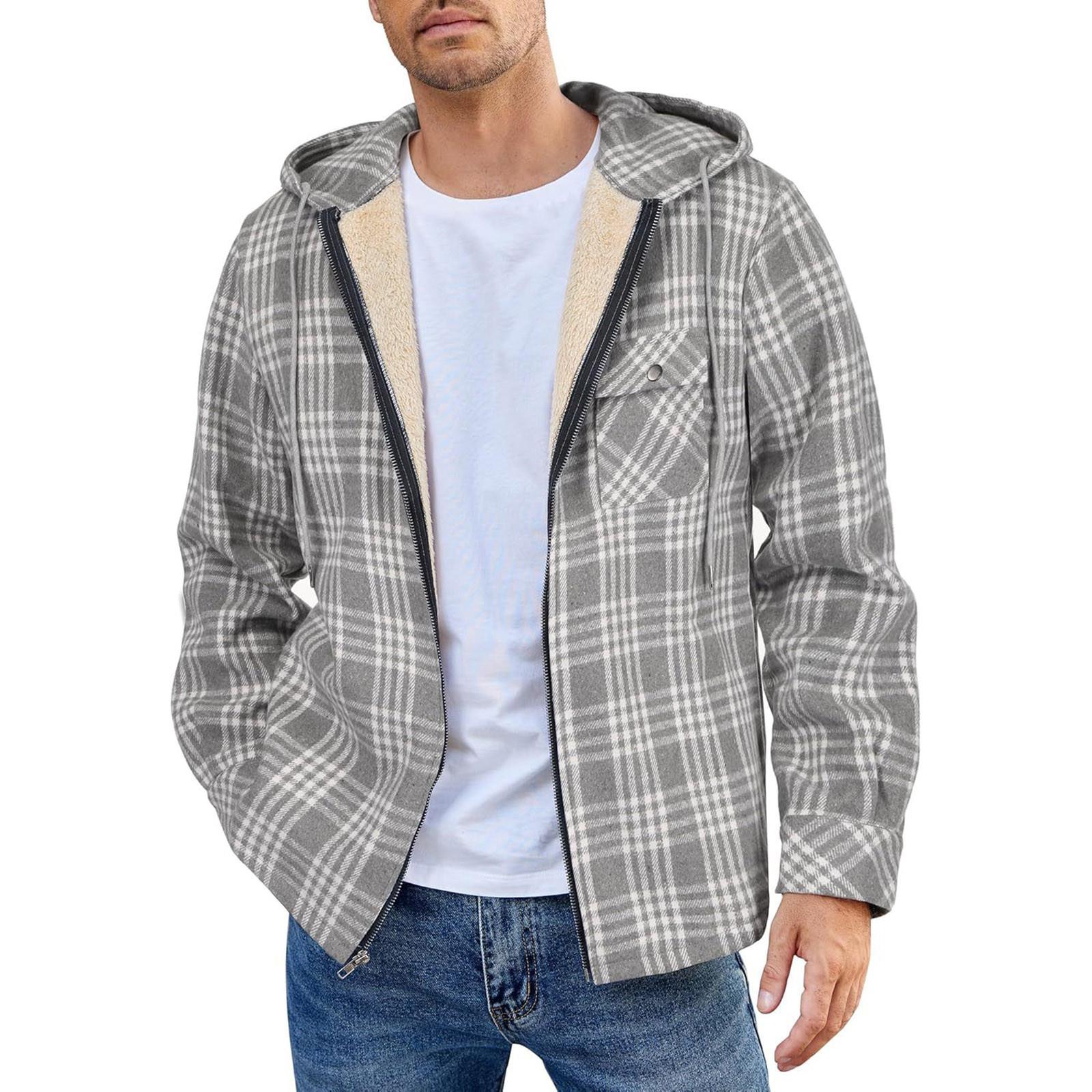 

Мужская клетчатая рубашка на стеганой подкладке на пуговицах с бархатной теплой курткой с капюшоном M