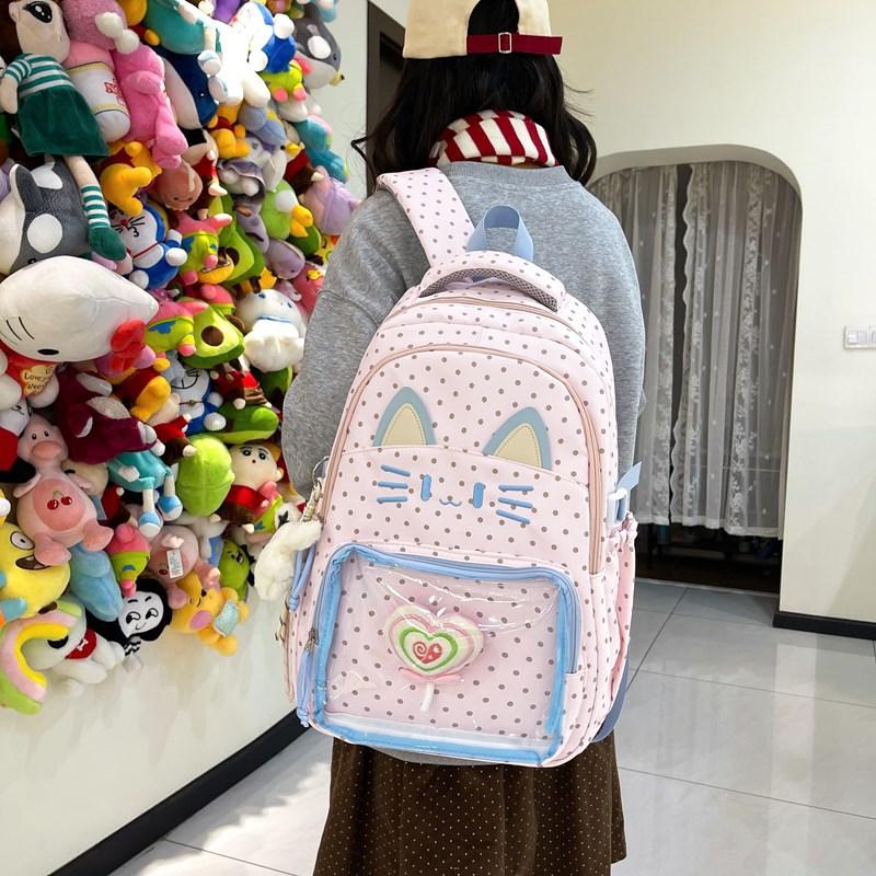 Cartoon Embroidery Cat's Ears Backpacks Primary Middle High School Students Lightweight Waterproof Travel Bag Multi Pocket College Student Schoolbags