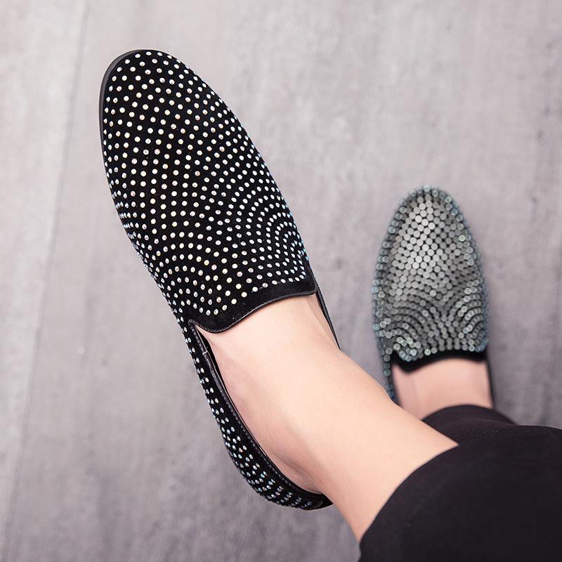 Men's Rhinestone Slip-On Leather Loafers - Pointed Toe, Large Size, British Casual Style.