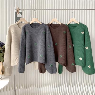 Damen Retro Bestickter Floraler Pullover für Herbst und Winter, Lockerer und Lässiger Stil, Hochwertige Koreanische Strickwaren