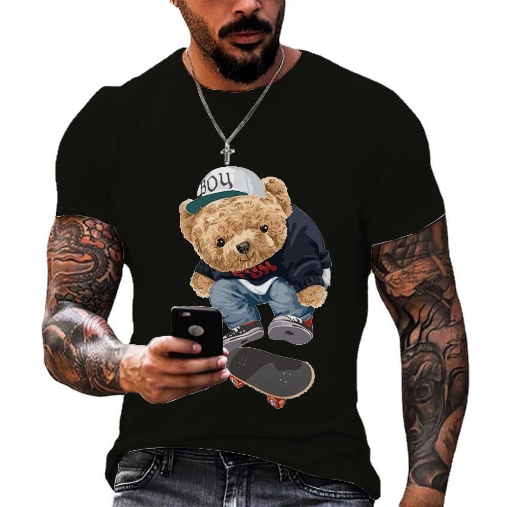 Men's T-shirt 2024 Summer New Round Neck Short Sleeved Bear 3D Printed Plus Size Top