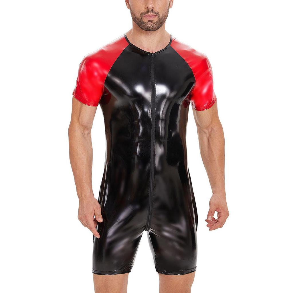 Men's European & American PVC Shiny Leather Bodysuit - Sexy Slim-Fit Patchwork Performance Wear.