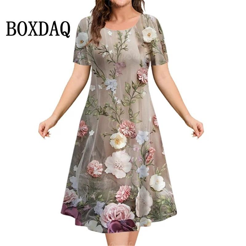 Plant Flowers Print Women's Dresses Summer Short Sleeve Clothing Casual Female Dress Retro Ladies Loose Plus Size Dresses
