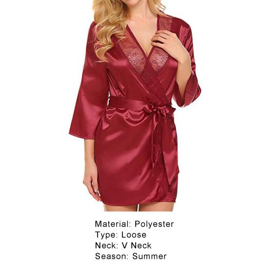 Women Nightdress Solid Color Satin Cardigan Lace Up Tight Waist Lady Nightie Female Intimate Clothes