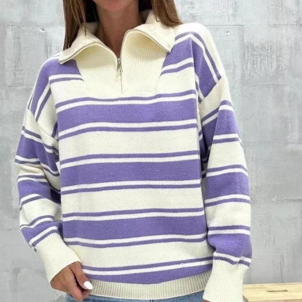 Ladies' Fashionable And Comfortable Half Zip Lapel Contrasting Loose Striped Knitted Top