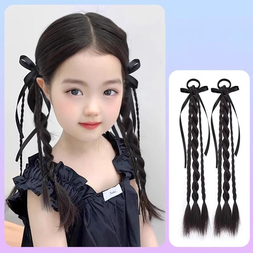Synthetic  2PC children Simulation boxing braid double ponytail wig Girls ribbon bowknot Twist Braids Wigs Extension 50cm