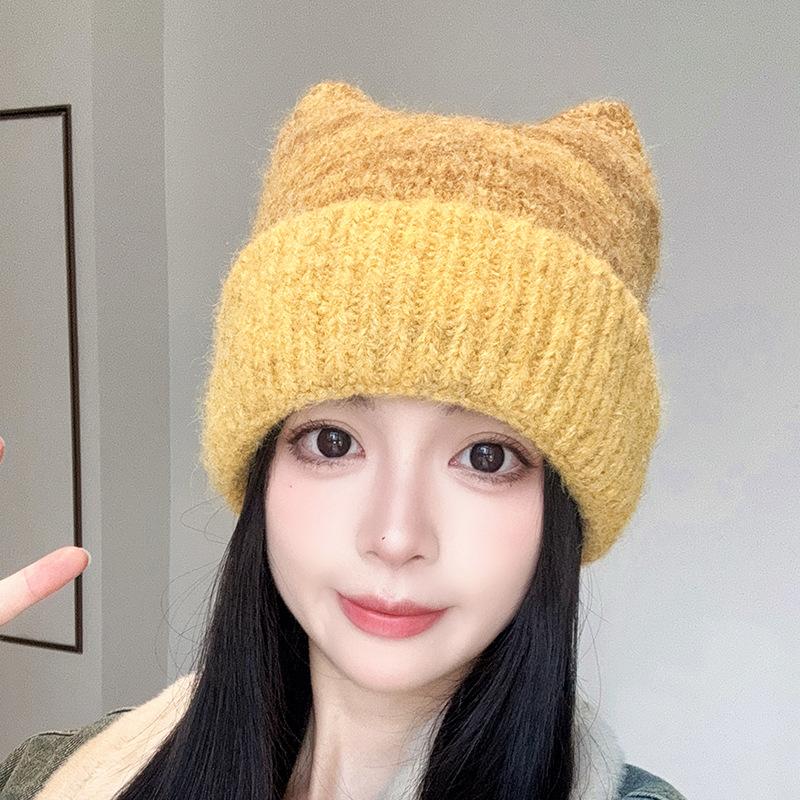 

Милые вязаные шапки с кошачьими ушками, повязки для большой головы, теплые шерстяные шапки, подчеркивающие лицо, маленькие шапки-пуловеры и тренд на холодные шапки осенью и зимой M（56-58cm）