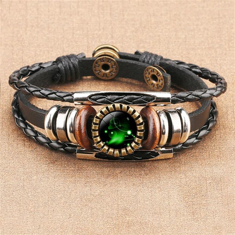 Handmade Zodiac Sign Leather Bracelet Cuff Astrology Theme Charm Jewelry