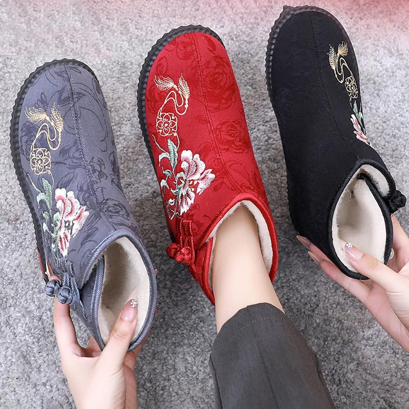 Fortykket Blomsterbroderi Dame Vinterstøvler Foret Snøstøvler Varme Sko Mødres Flatsko Casual