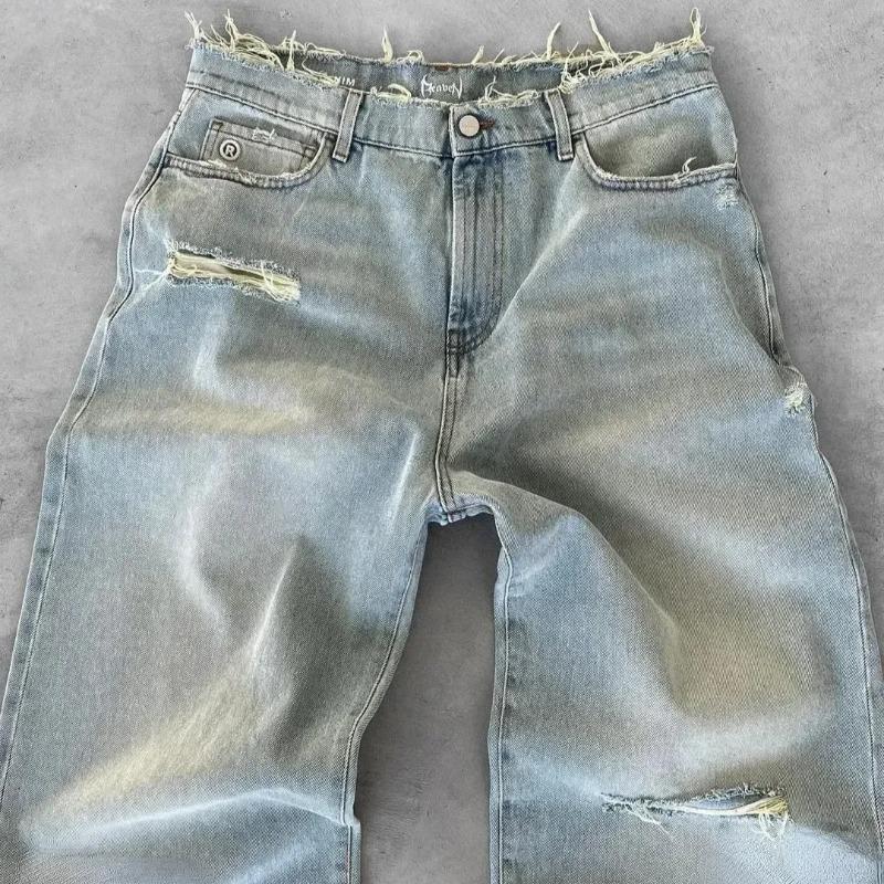 Straight Jeans Distressed Men Jean Ripped Washed Denim Pants Ankle Length Loose Solid Zipper Pockets Casual