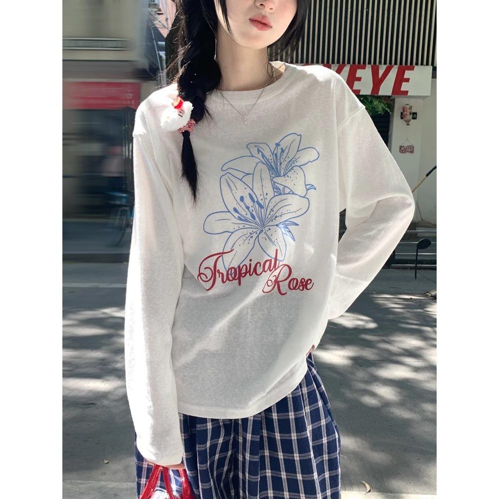 Casual Lazy Wind Sunscreen Blouse Top Summer Thin Loose Snowflake Cotton Long Sleeve Crew Neck T-Shirt Women's Air Conditioning Shirt