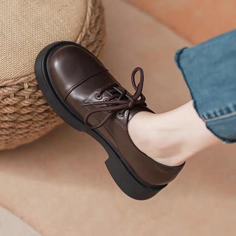 New Spring and Autumn Black Soft Leather Lefu Single Shoes Thick Bottom British Style Lace Leather Shoes for Women 39 3500₽