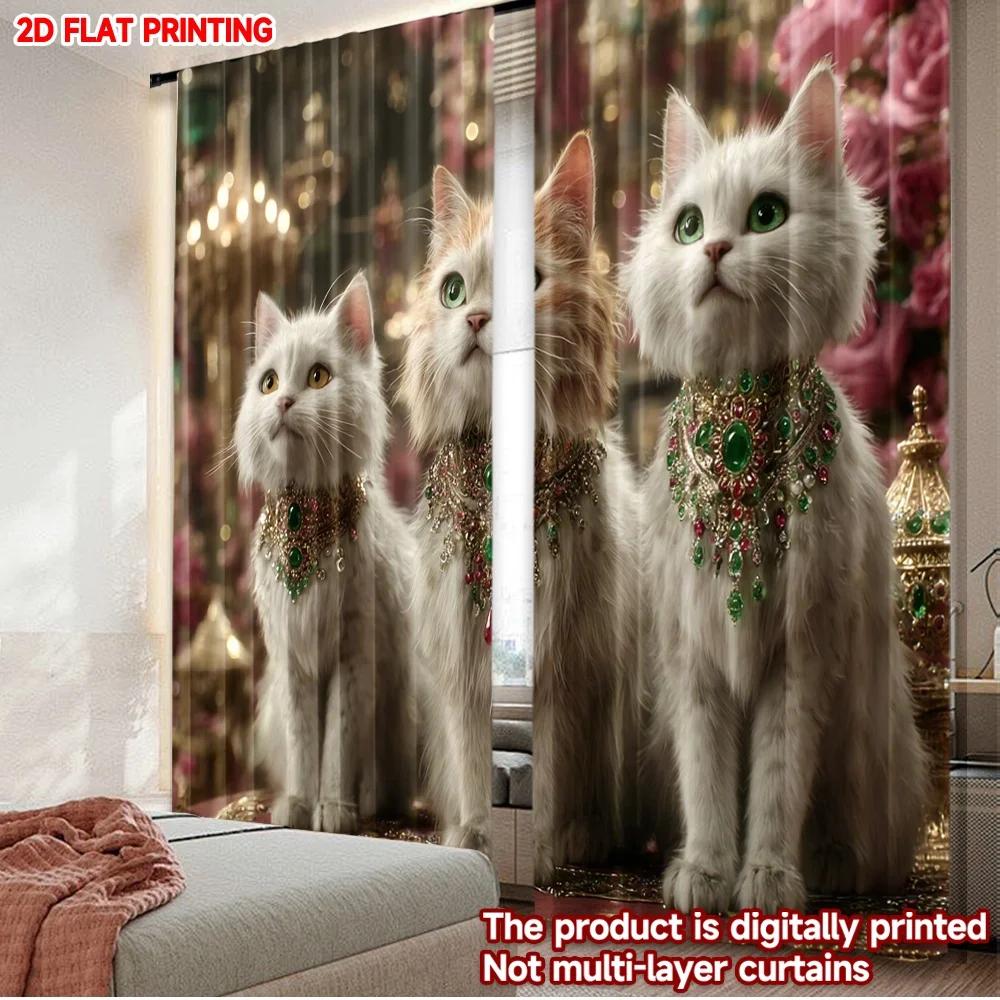 

2pcs Royal Cat Curtains White Cats with Gemstone Collars on Gold Pink Floral Background for Luxurious Living Room Decor 100*130 Grommet Top 1pcs