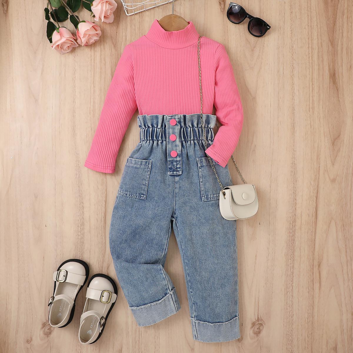 

Girls Fashion Set for Autumn and Winter, Children s Casual Solid-color Long-sleeved Pullover and Denim Trousers 130cm рожевий червоний колір