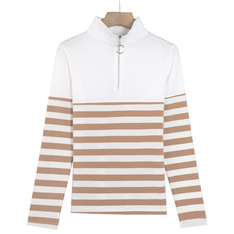2025 Women's Striped Long-Sleeve Zipper T-Shirt with Stand Collar