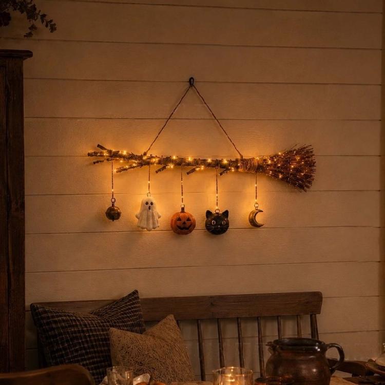 Indoor Halloween Hanging Decors Lighted Witch Broom with Ghostly Pumpkins Cats Moon Bells Charm for Wall Window Door Display Accent Decors