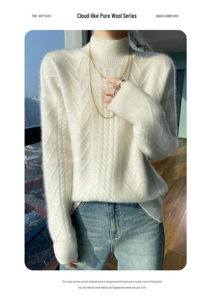 Women's 2024 Autumn/Winter High Neck 100% Pure Wool Cable Knit Sweater