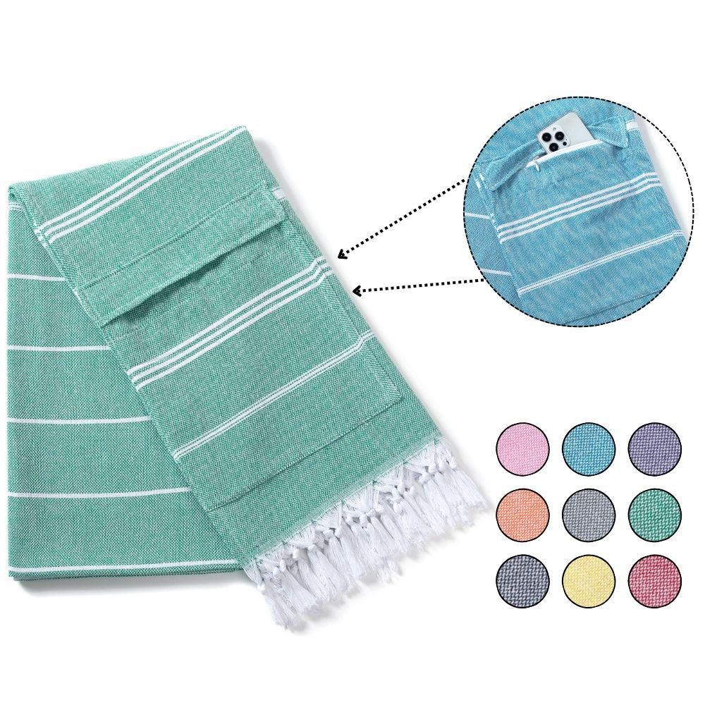 Cotton Striped Tassel Beach Towel with Invisible Zipper Pocket - Quick Dry & Absorbent