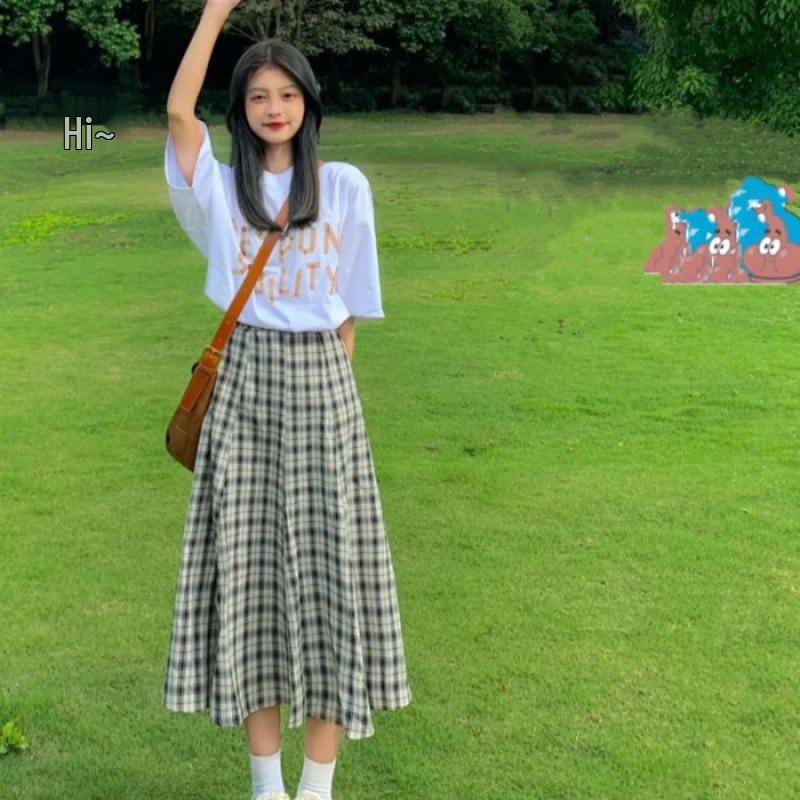 

Ретро клетчатая миди-юбка А-силуэта с высокой талией - Женская коллекция для похудения Весна/Лето 2025 Extra Large