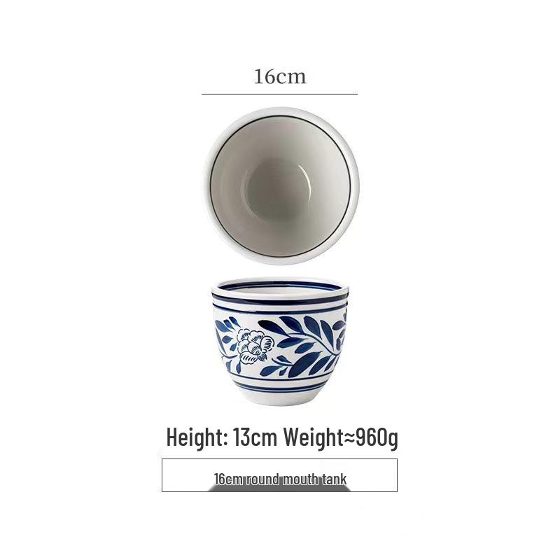 Retro Blue & White Porcelain Double Ear Round Jar - Large Deep Soup or Rice Bowl, Creative Ceramic Tableware for Hotels & Restaurants