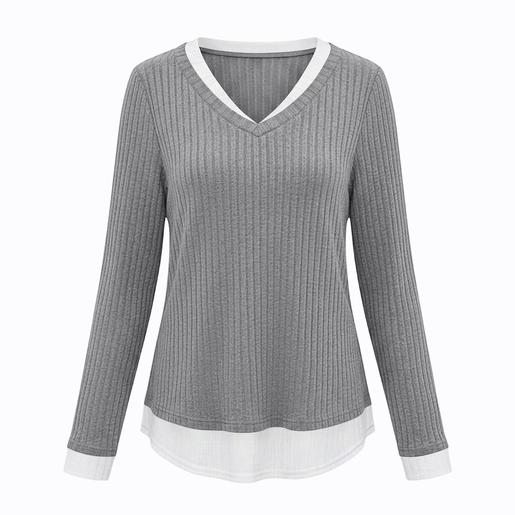 Women's V Neck Fake Two Piece Tops Long Sleeve  Ribbed Shirts Trendy Color Block Going Out Dressy Clothes