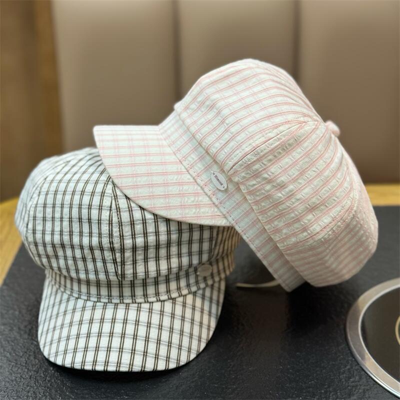 Spring Summer Vintage Stripe Octagonal Beret Hat Women Newsboy Cap Wide Brim Casual All-match Thin Sweet Hat
