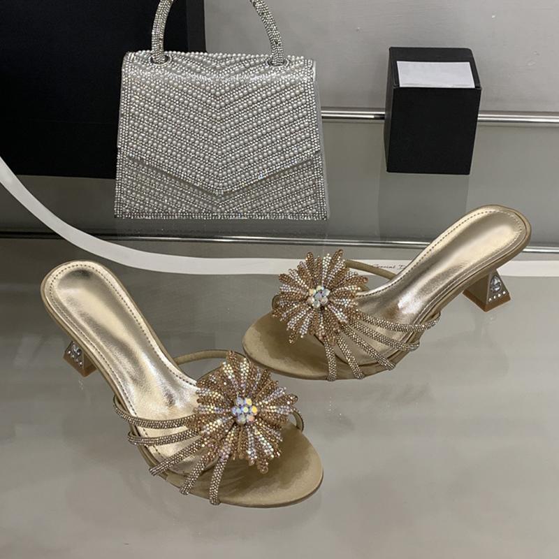 2025 New Gold Silver Crystal Gem Strange Low Heels Slippers Women Rhinestone Flowers Summer Party Prom Shoes Mules Sandals