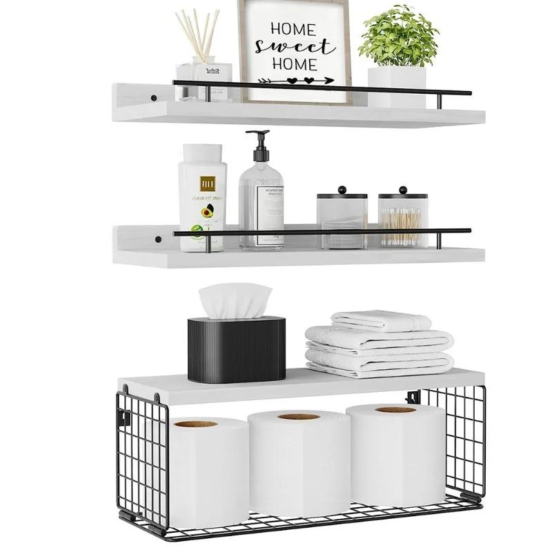 Floating Shelves with Wire Storage Basket Bathroom Kitchen Storage Rack Wall Shelf Decoration Floating Wall Shelves Home Decor