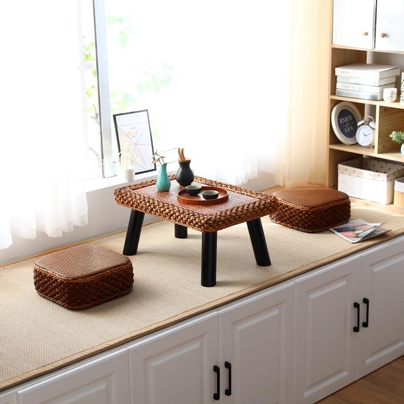 Handwoven Rattan Tea Table Japanese Tatami Style Small Space Coffee Stand Natural Living Room Furniture for Zen Decor