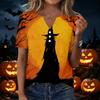 Camiseta casual de manga corta con cuello en V para mujer con botones decorativos Estampado de calabaza de Halloween Top para uso diario
