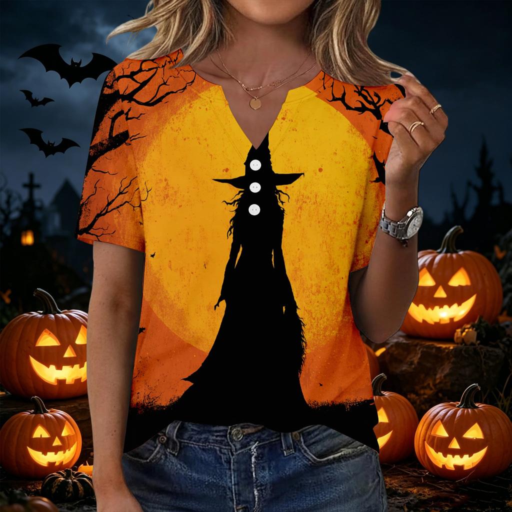 Camiseta casual de manga corta con cuello en V para mujer con botones decorativos Estampado de calabaza de Halloween Top para uso diario