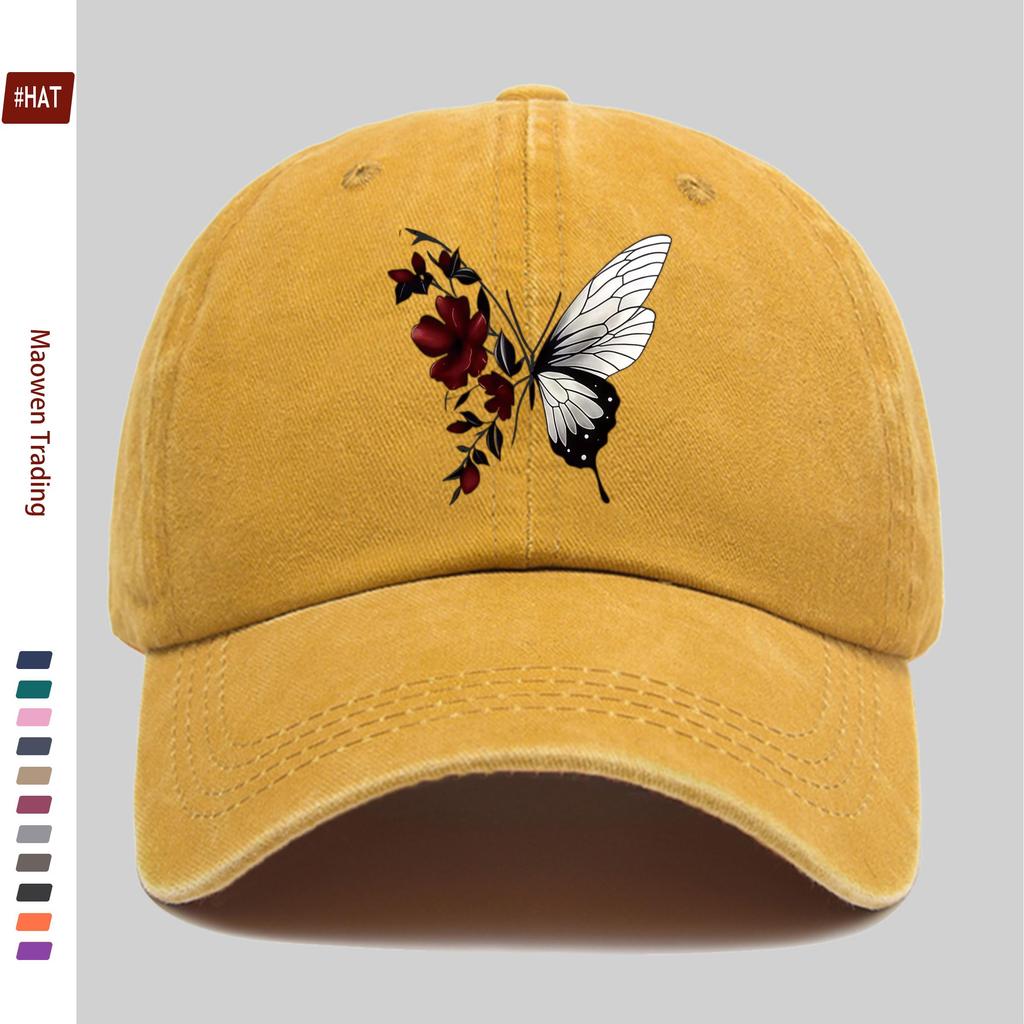 pc Butterfly And Floral Pattern Printed Baseball Cap Home Leisure Decor Papa Hat Truck Driver Sun Hat Washable Adjustable He