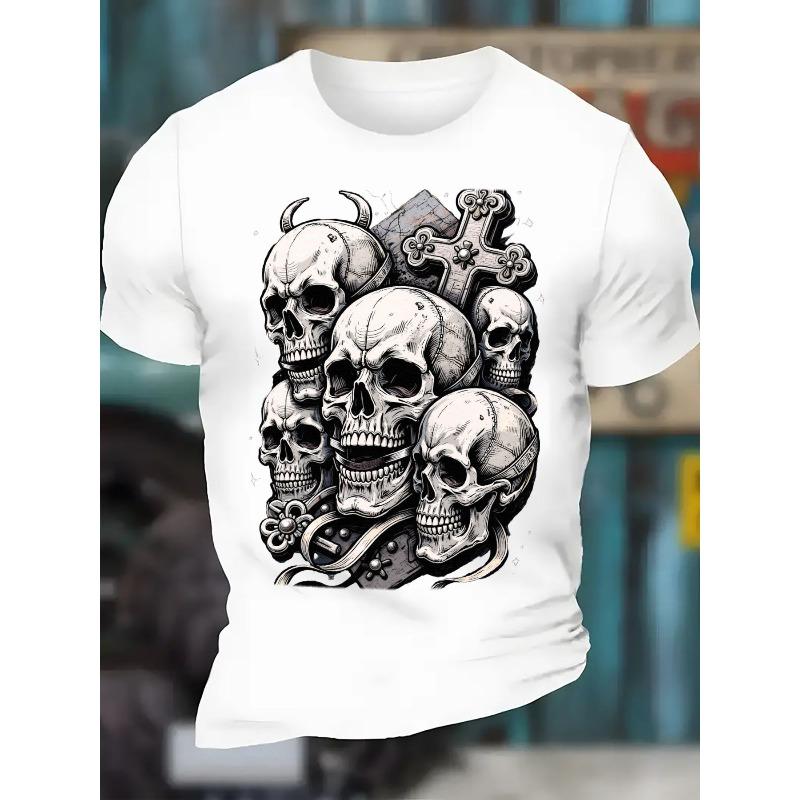 

European sizes Men s Vintage Gothic Skull Print T-Shirt -Short Sleeve Crew Neck, Regular Fit Casual Streetwear for Halloween, Parties & Casual Attire 4XL