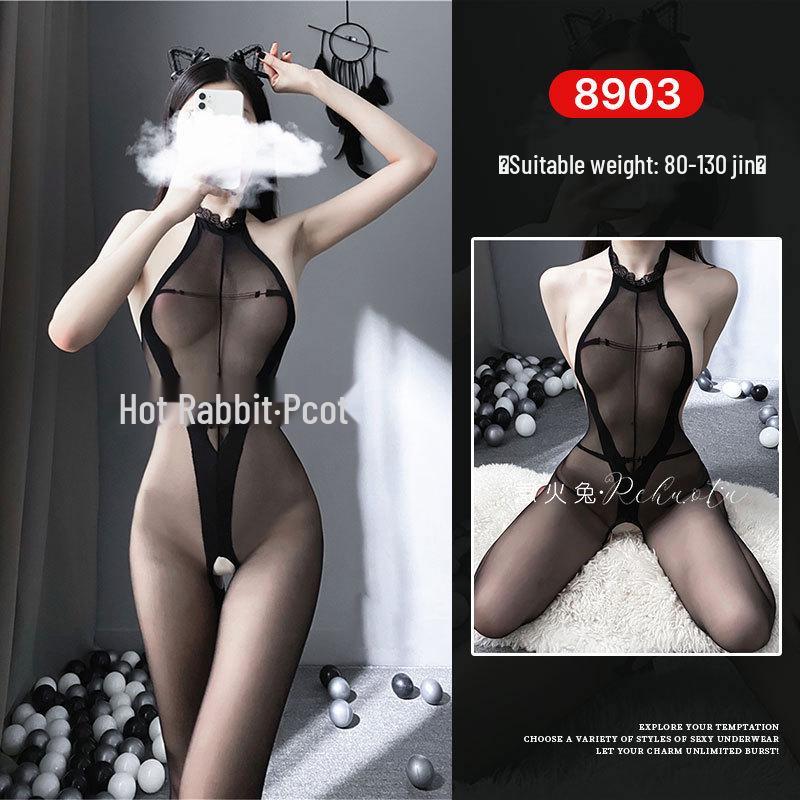 Seductive Rabbit Silk Bondage Lingerie Set: Open Crotch, Tearable Bodysuit with Garter and Stockings